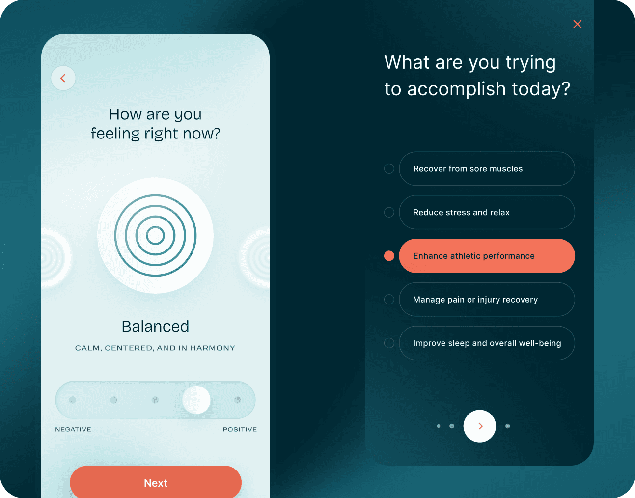 A recovery wellness app checking how you're feeling and asking what you're trying to accomplish, from easing sore muscles to improving sleep