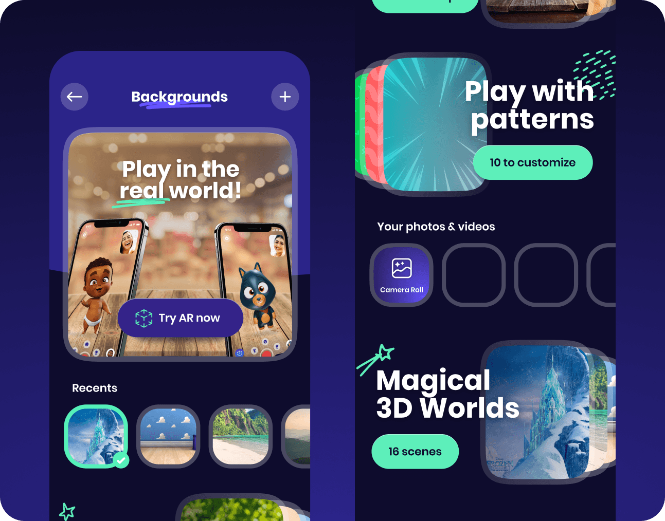 A dark AR app inviting players to explore magical 3D worlds and play with real-world patterns