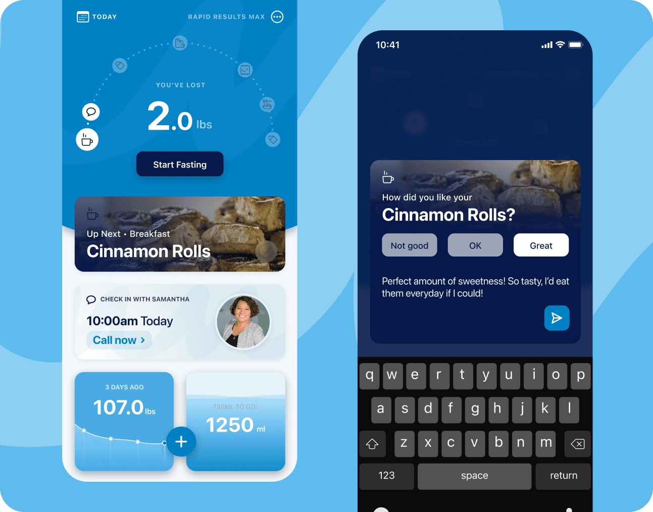 A fasting tracker app showing elapsed time and a check-in on a cinnamon roll craving
