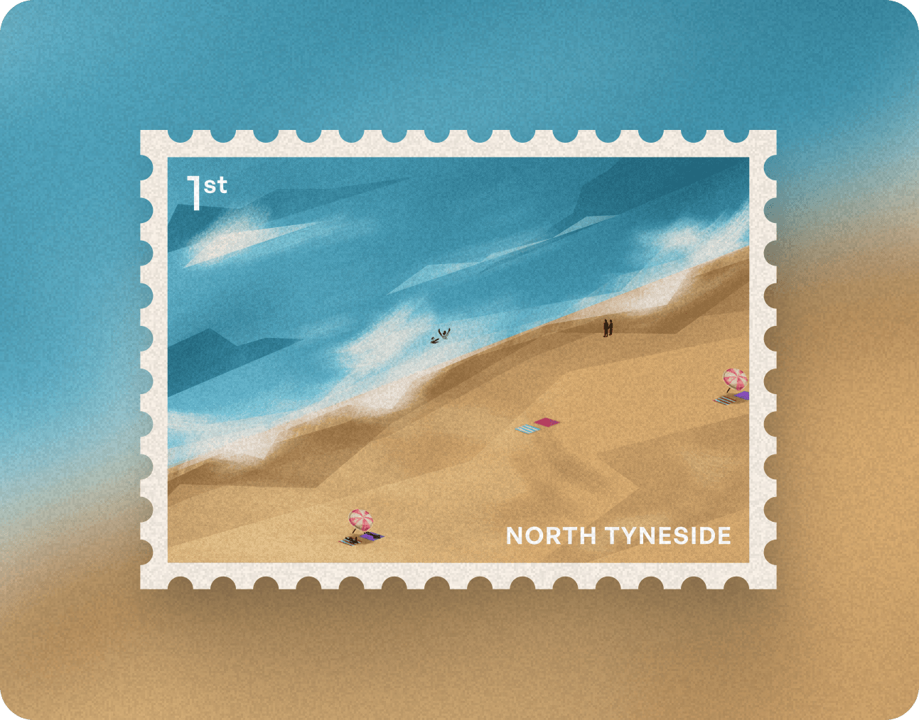 A postcard-style photo of a sandy beach and ocean, framed like a first-class North Tyneside stamp