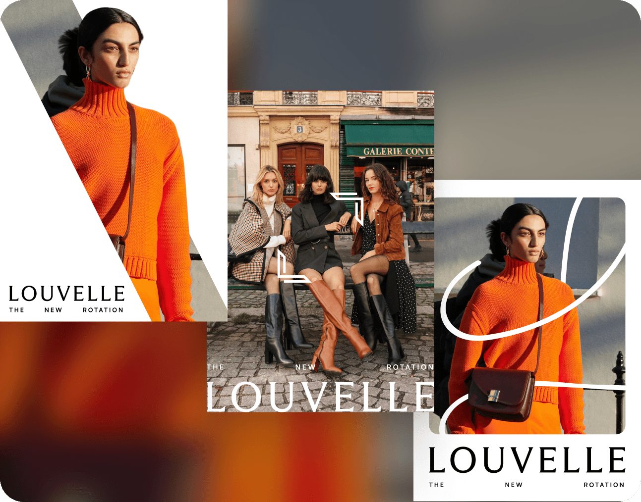 A fashion moodboard collage for Louvelle, featuring an orange jacket across street style photos