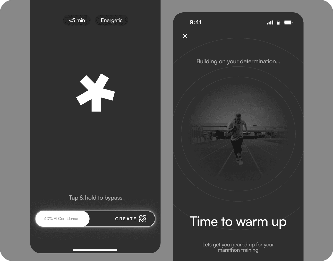 A dark marathon training app with an asterisk logo prompting a warm up before a run