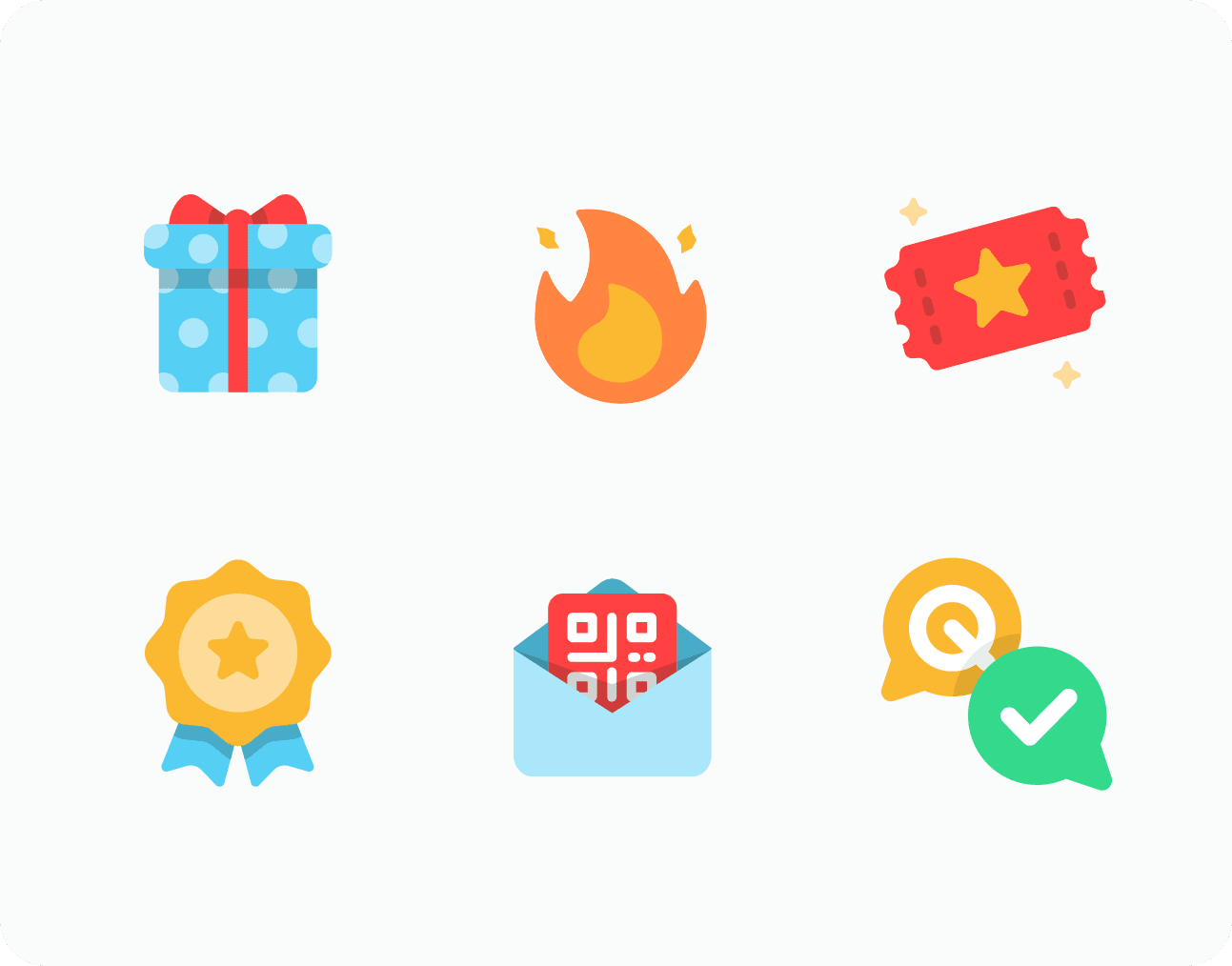 A set of reward icons: a gift box, fire streak, ticket, medal, QR code envelope and a confirmed checkmark
