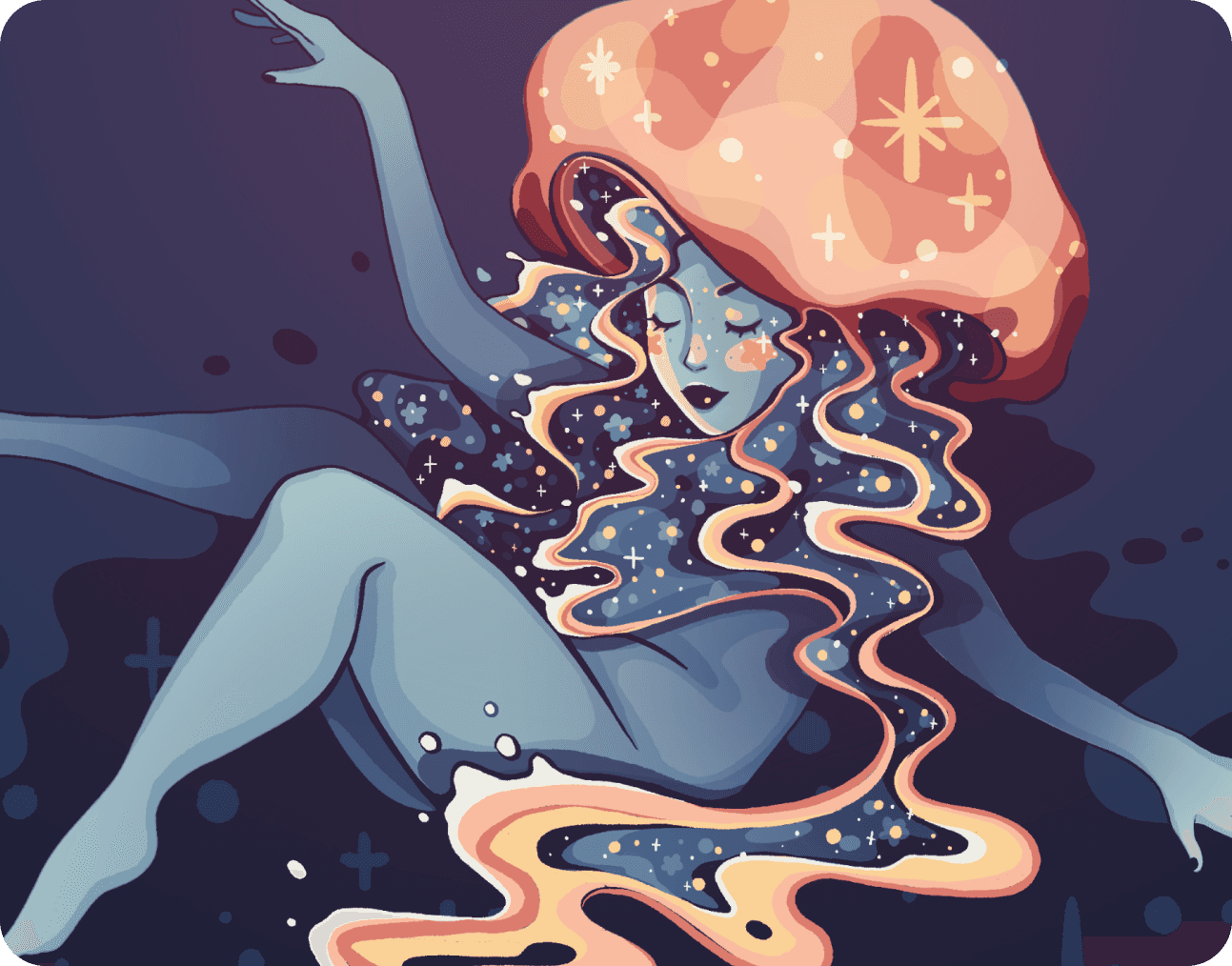 An illustration of a woman with a glowing, jellyfish-like cosmic mane and flowing sparkling hair