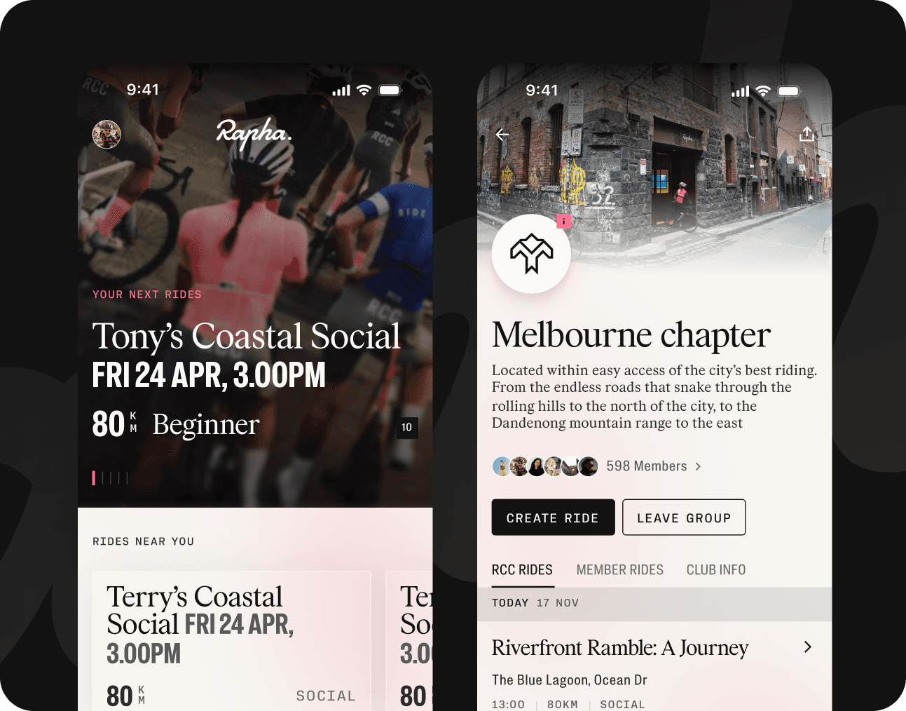 A Rapha cycling app showing an upcoming Tony's Coastal Social ride and the Melbourne clubhouse chapter page