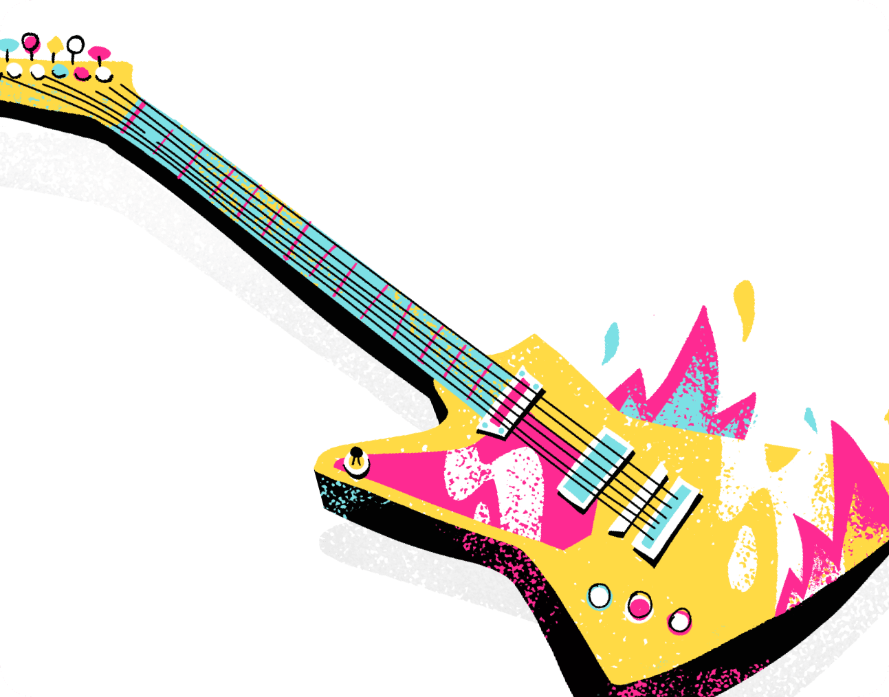 An illustration of an electric guitar with a bold yellow and pink flame graphic