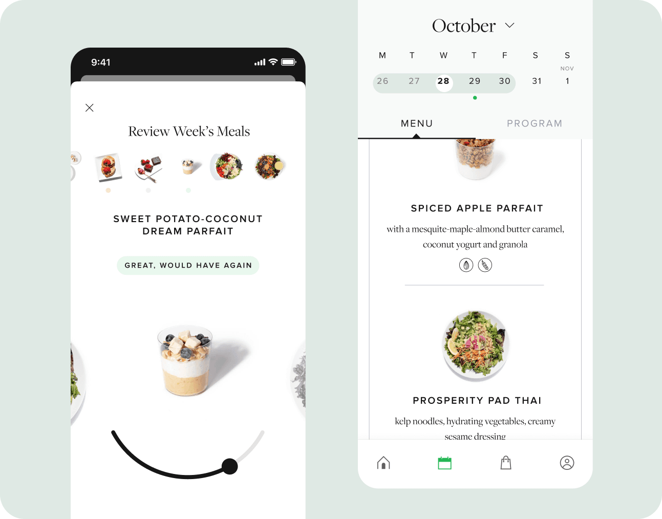 A Sakara meal-planning app reviewing the week's meals and browsing an October recipe calendar