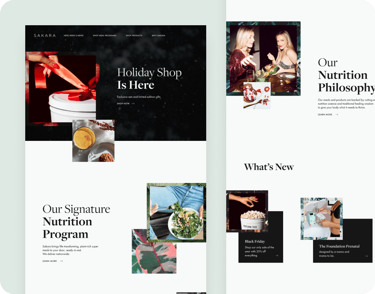 The Sakara website with a Holiday Shop banner, Nutrition Philosophy section and What's New picks