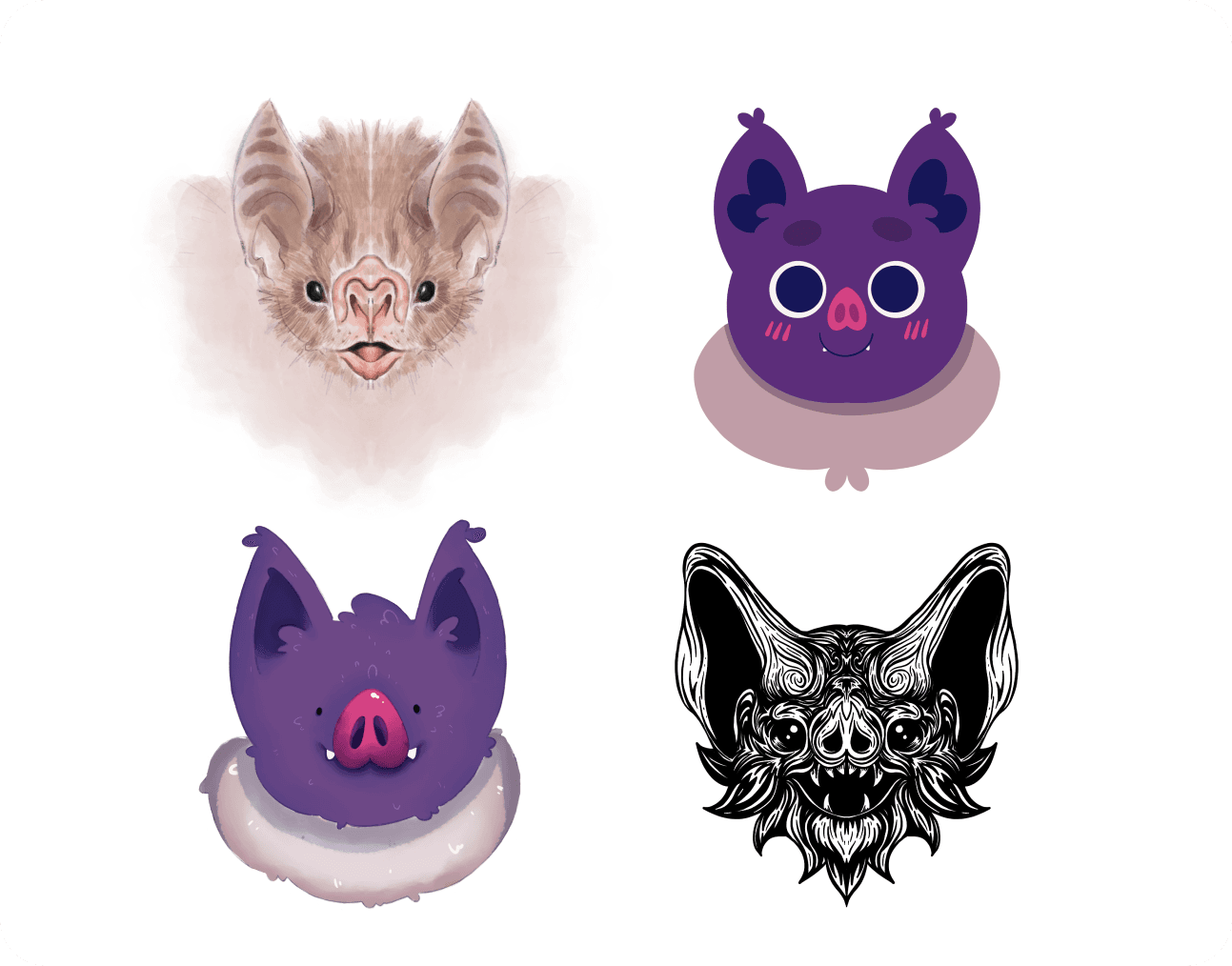 Four mascot design variations of a bat-eared creature head, from a realistic sketch to a stylized purple icon