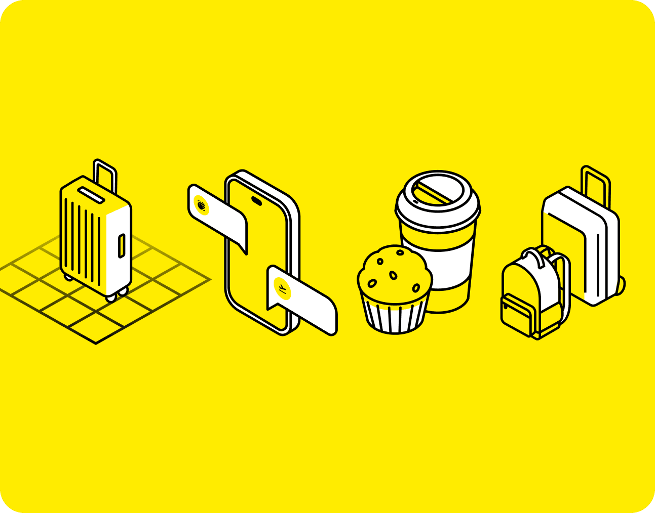 A yellow isometric icon set illustrating travel items: a suitcase, boarding pass, cup and backpack