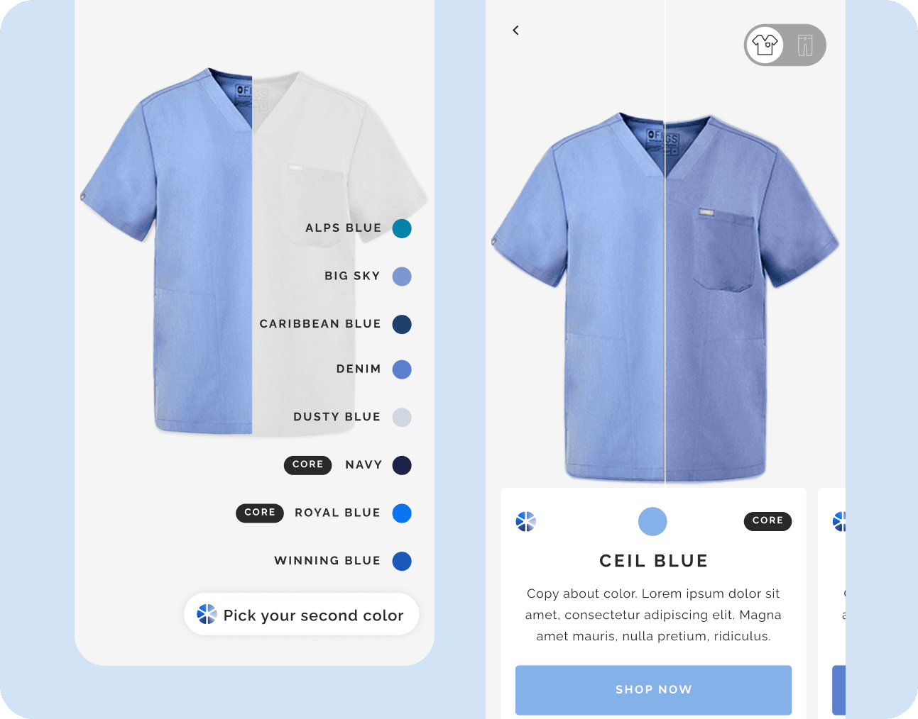 A uniform ecommerce app comparing scrub top colourways and landing on a Ceil Blue product page