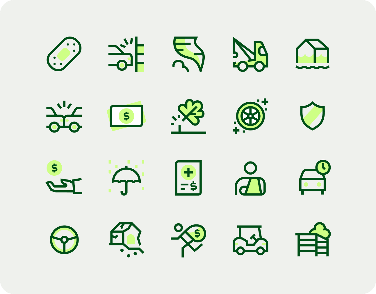 A grid of green insurance icons covering auto, home and other protection categories