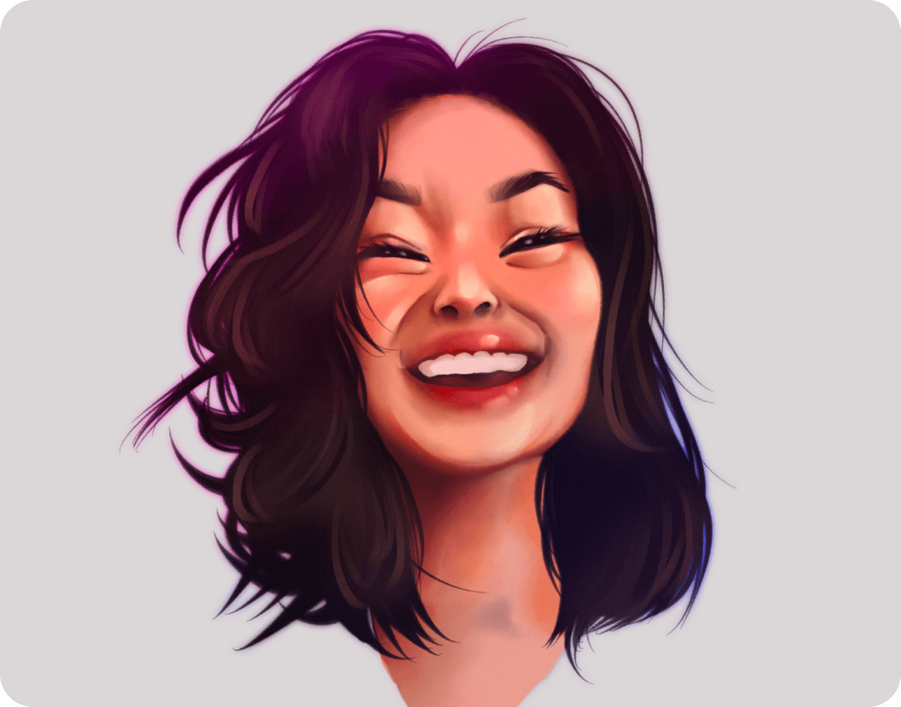 A digital illustration portrait of a laughing woman with dark wavy hair