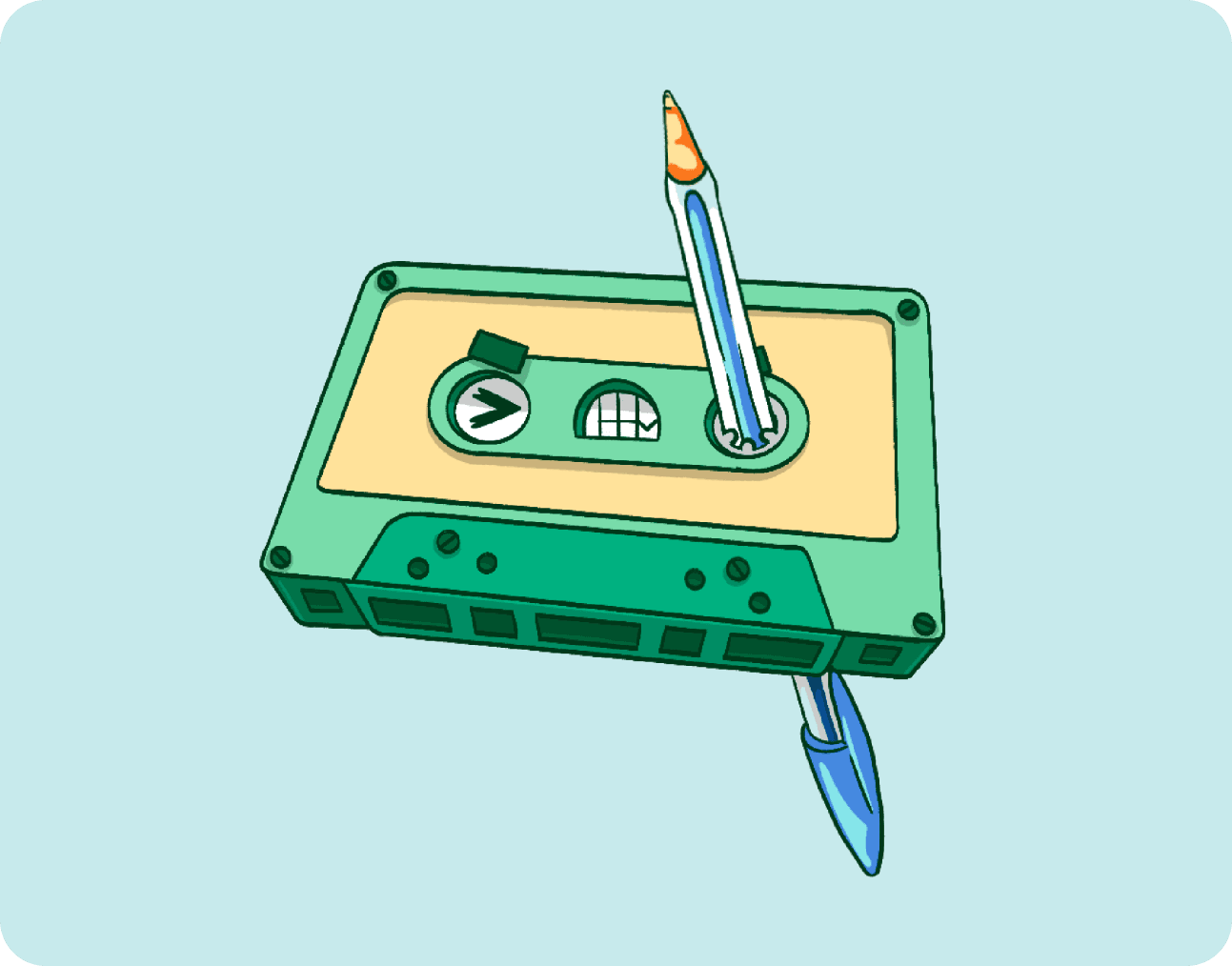 An illustration of a cassette tape with a pencil standing in for its spool, on a teal background