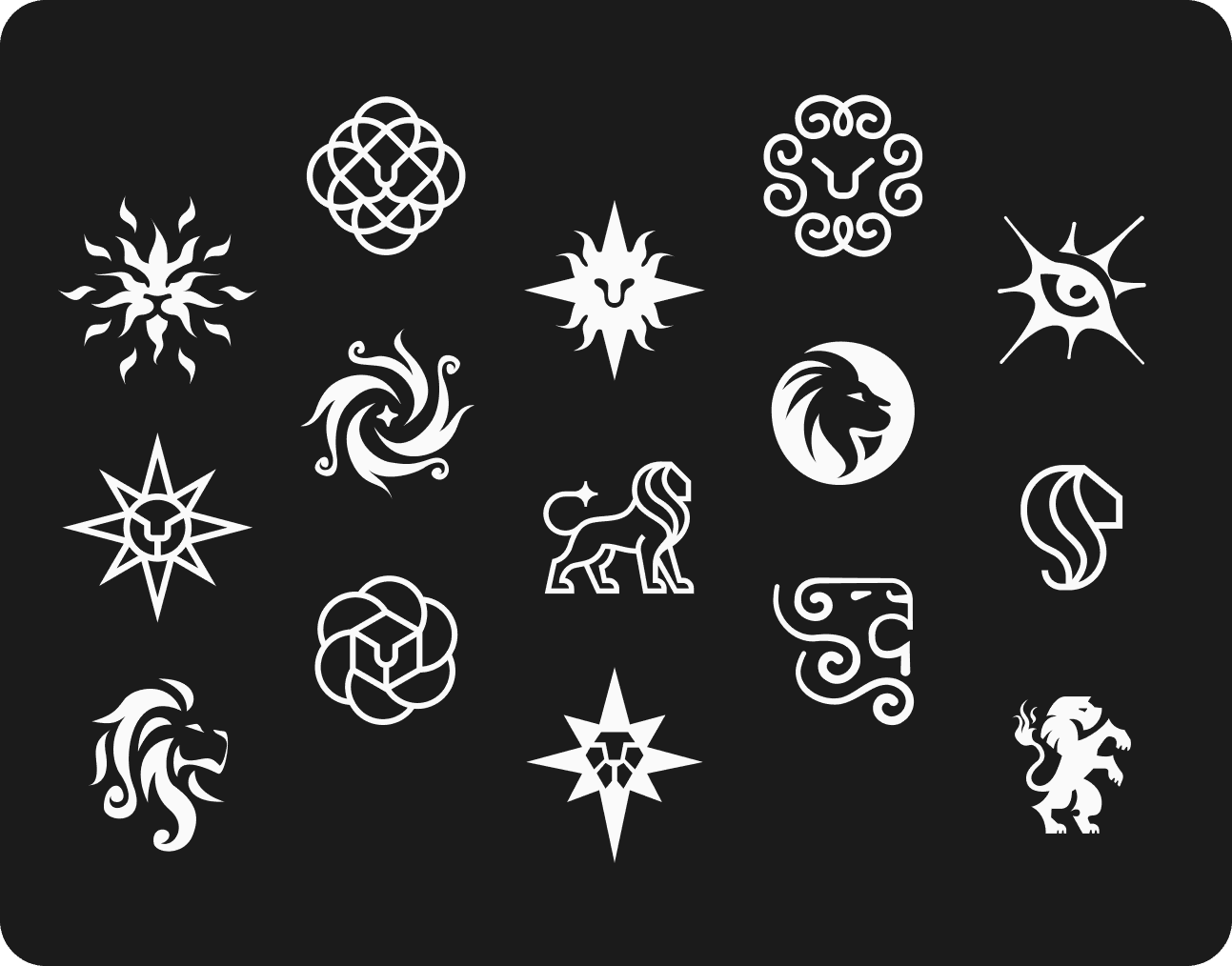 A set of white mystical doodle icons on black, including sunbursts, a lion and a crescent moon