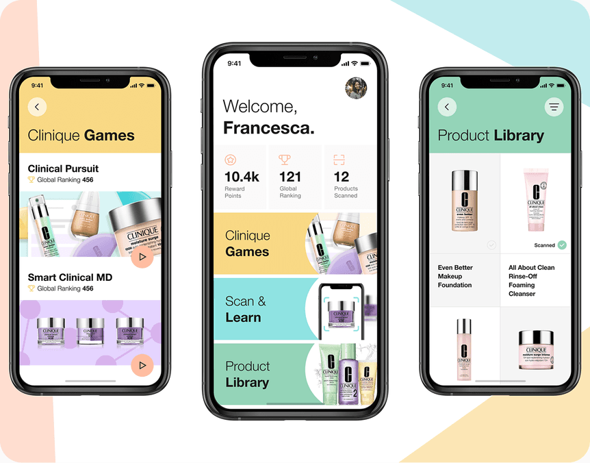 Three CliniquePlay app screens: a Clinique Games hub with trivia challenges, a welcome dashboard with reward points and rankings, and a Product Library grid of scanned items