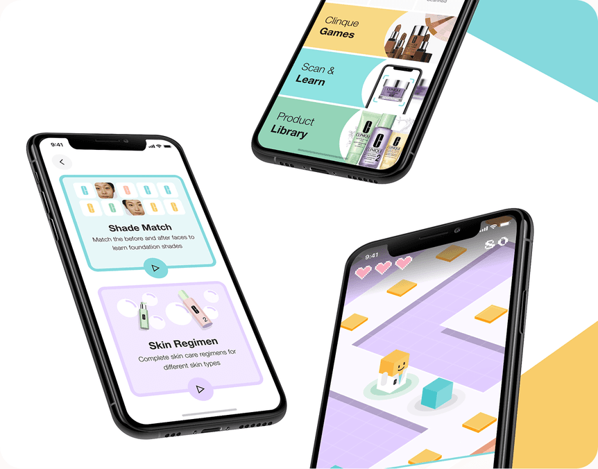 Two CliniquePlay screens tilted in a phone mockup, showing the Shade Match and Skin Regimen mini games alongside a Clinique Games hub
