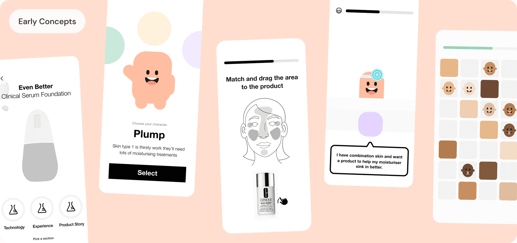 Early concept screens for the mini games: a product fact card, a character creator, a face-mapping matching game, a chat-style trivia prompt, and a shade matching grid