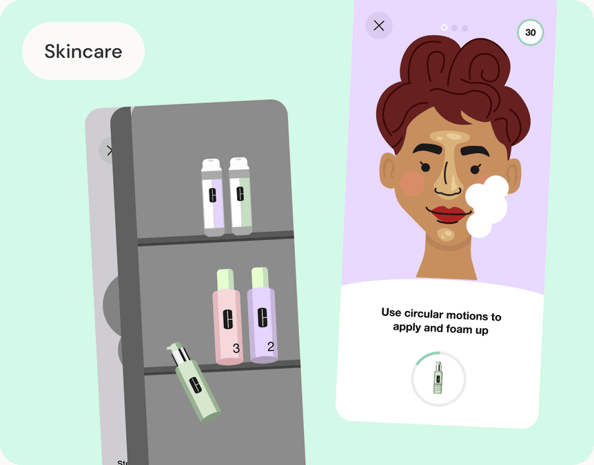 The unused skincare regimen concept: a fridge stocked with Clinique bottles beside a character illustration foaming a cleanser on their cheek