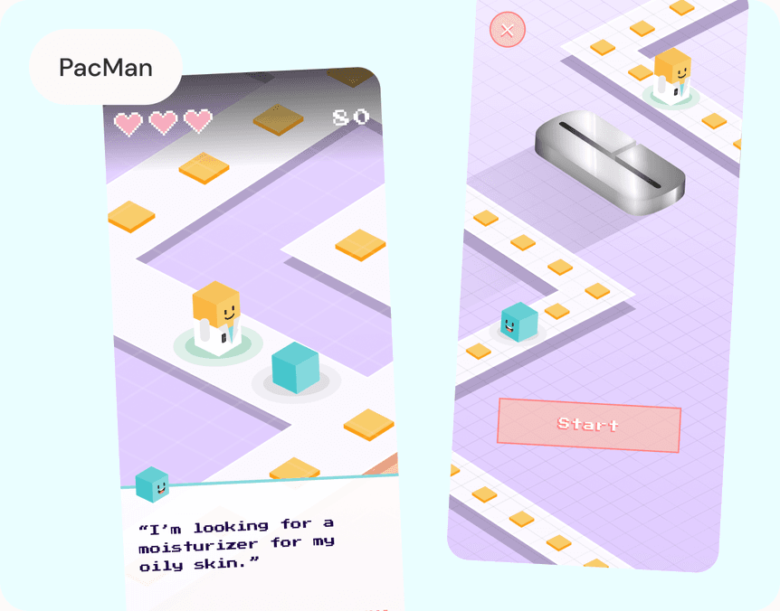 The unused Pac-Man inspired concept, alongside the Shade Match and Skin Regimen game cards it was explored against