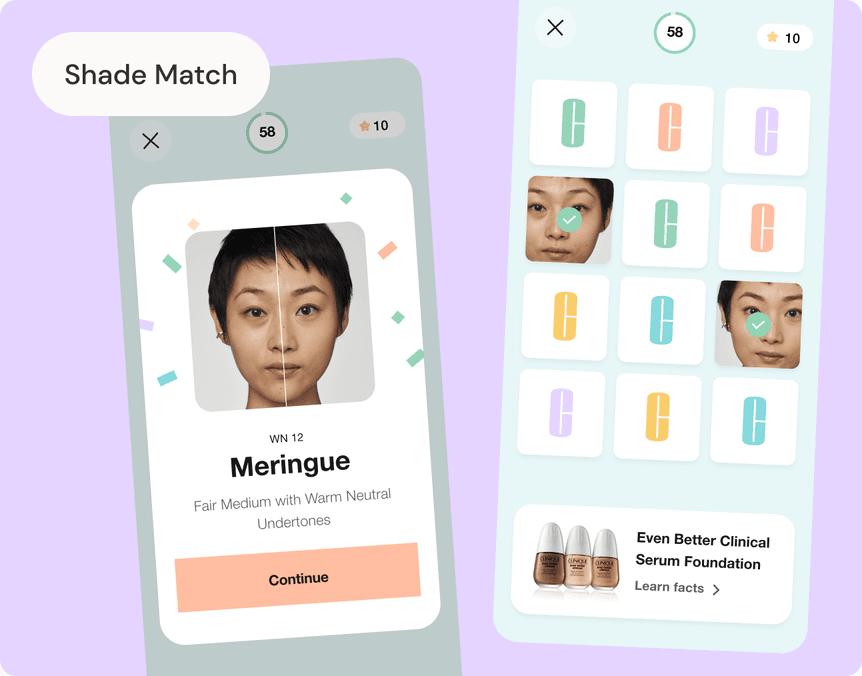 The Shade Match game: a before-and-after face split for a foundation shade, showing the WN 12 Meringue match with its undertone description