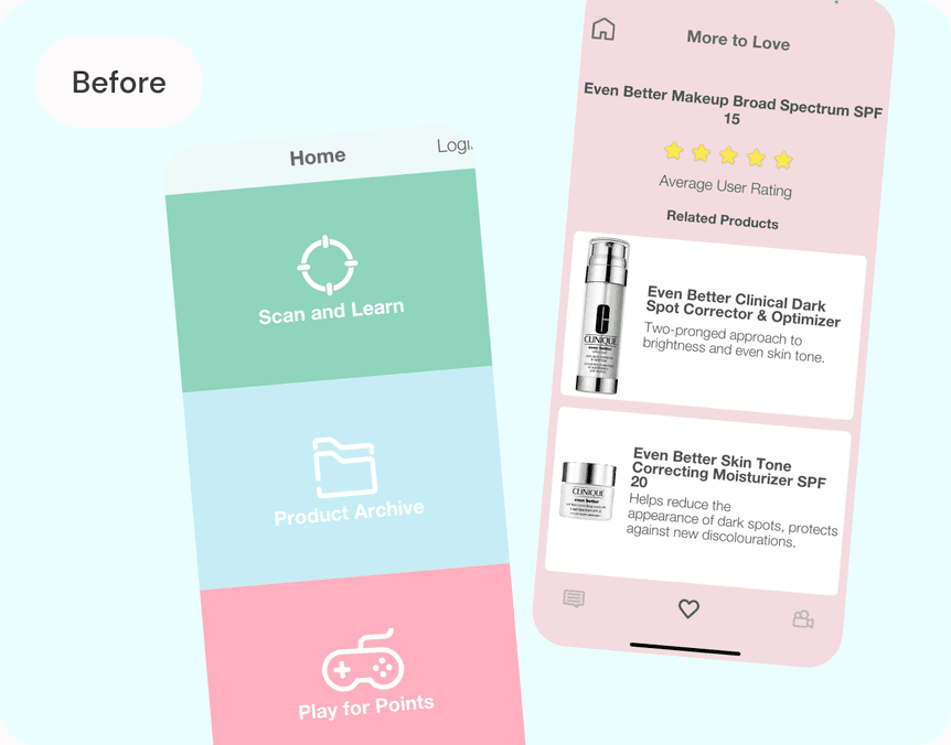 The app's Home screen and product recommendations before the refresh, in solid blocks of colour with simple iconography