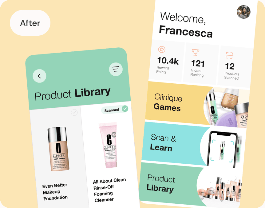The app's Product Library and welcome dashboard after the refresh, with softer gradients, product photography and rounded cards