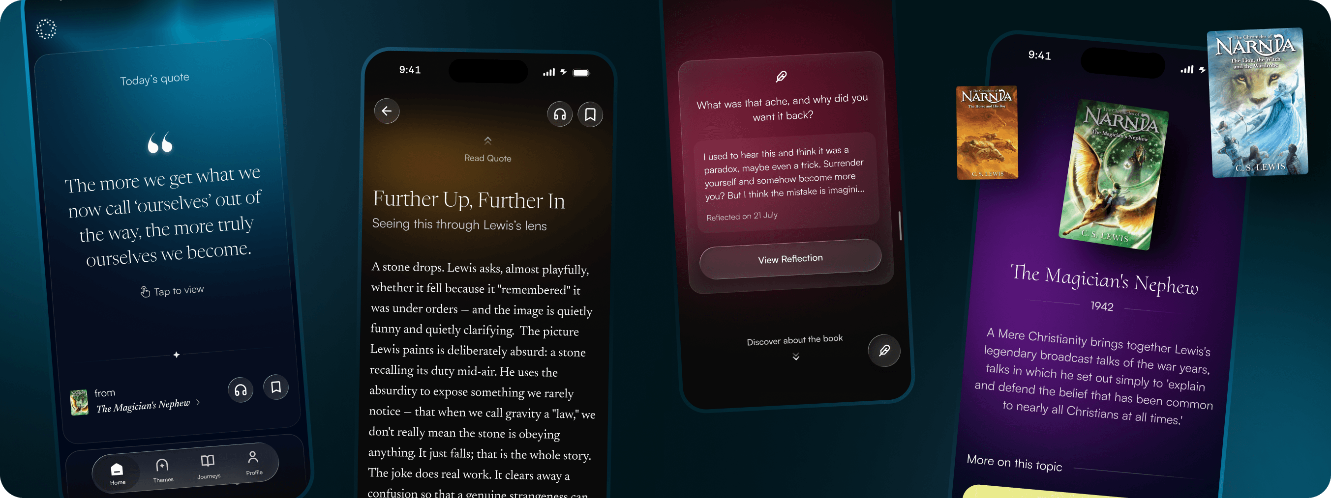 Product screens: today's quote, a chapter read through Lewis's lens, a saved reflection, and The Magician's Nephew book detail alongside Narnia covers