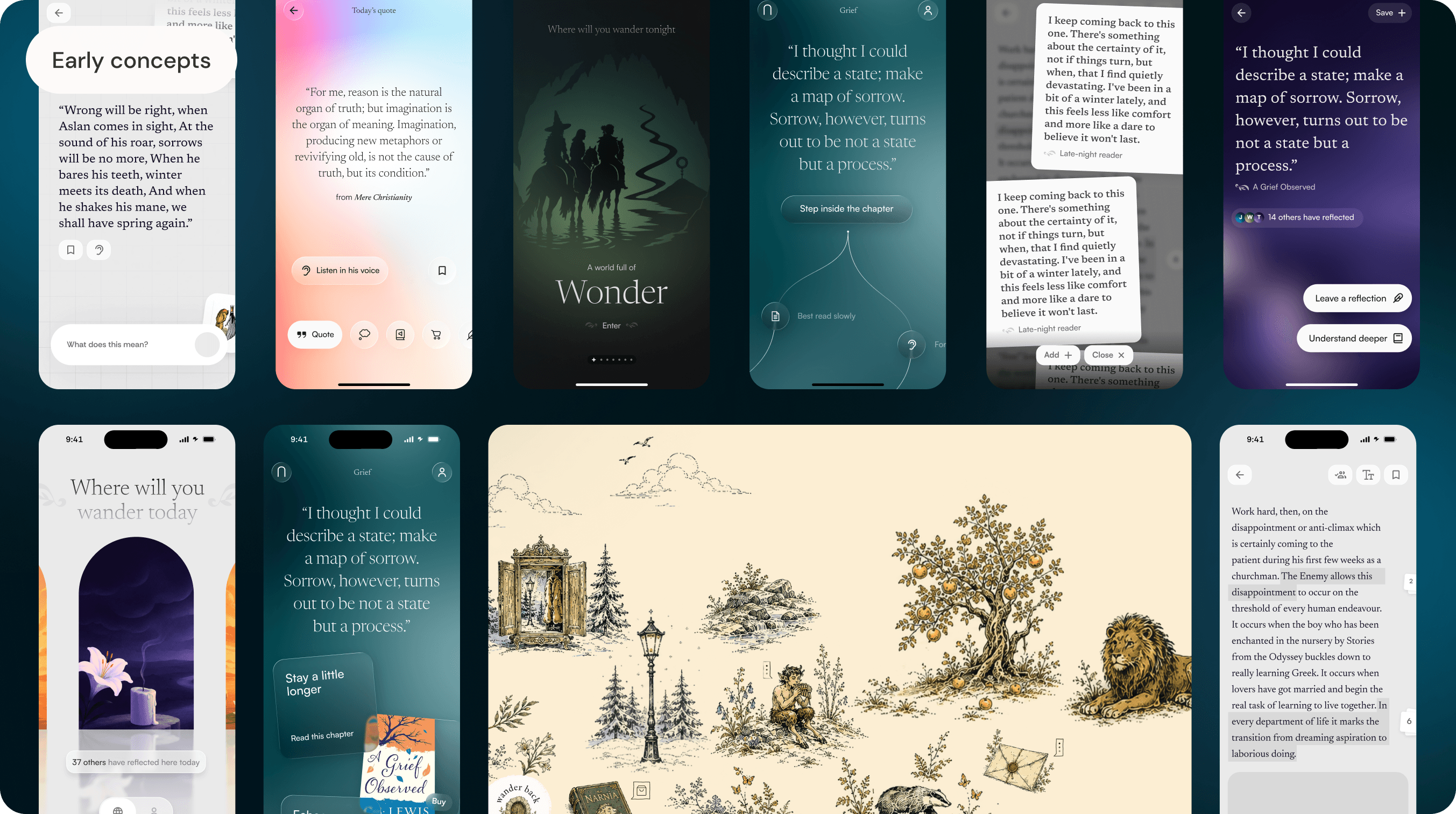 Early concept explorations: a Narnia quote card, a themed quote screen, a "Wonder" world entry, a grief prompt paired with a guided chapter, a saved reflection thread, and Narnia-inspired illustrations