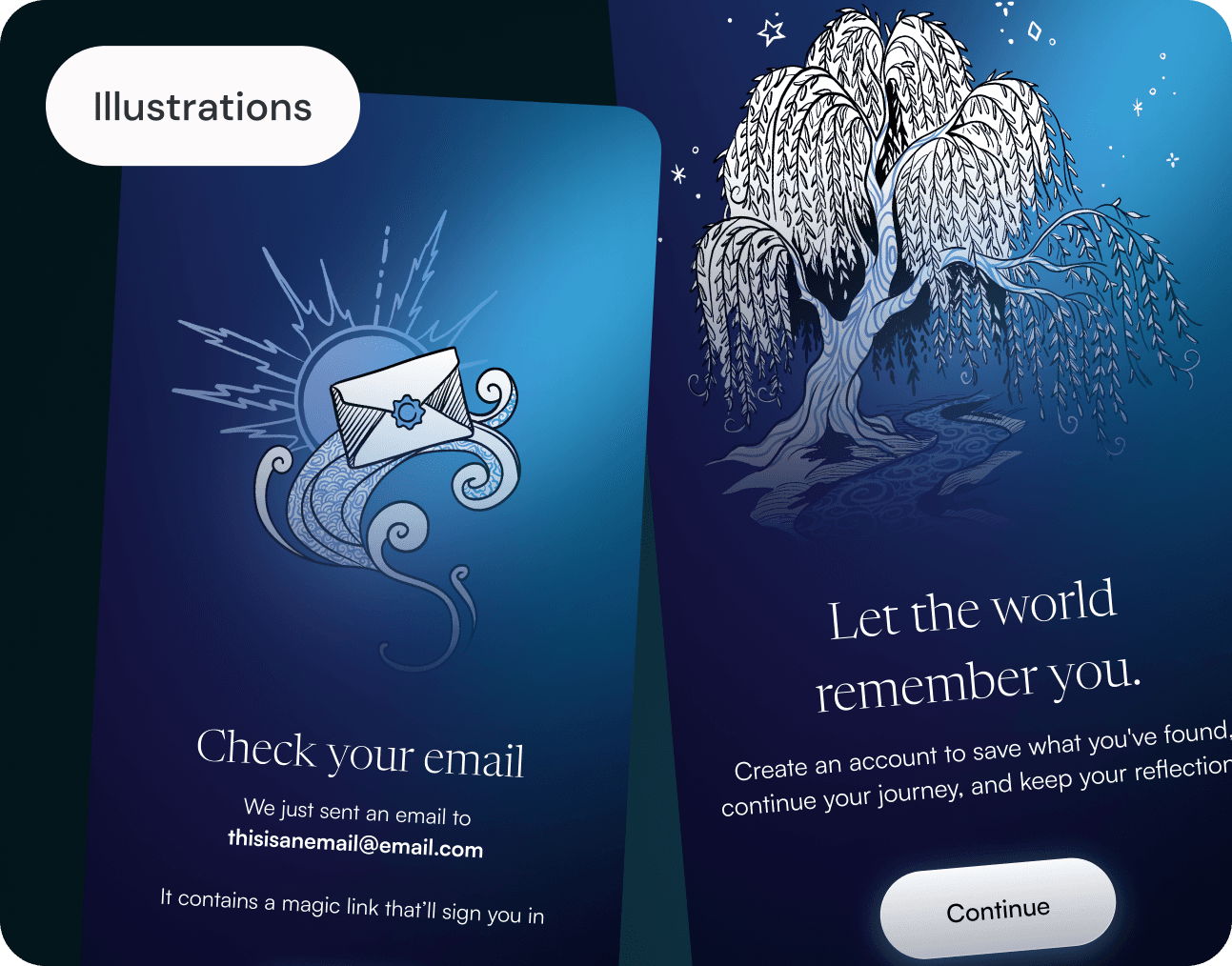 Onboarding illustrations: a glowing envelope for the magic-link sign-in, and a willow tree for the account creation screen