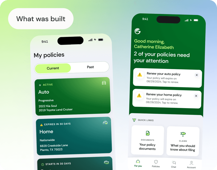 What was built: a redesigned my policies list grouped by current and past, alongside a homepage surfacing renewal alerts and quick links