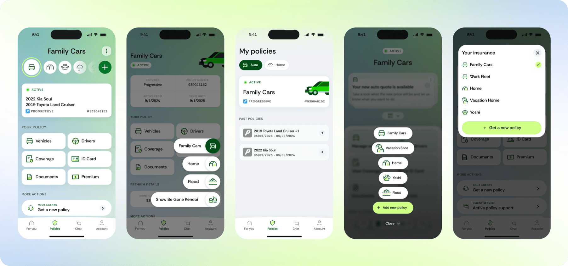 The redesigned Family Cars policy flow: managing vehicles and drivers, viewing coverage and ID cards, and switching between policies