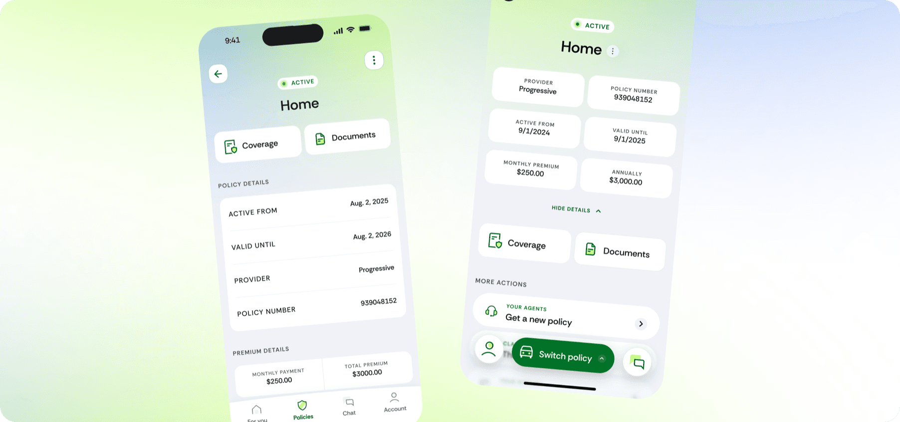 The home policy detail screen, with coverage and documents shortcuts, policy details, and premium breakdown
