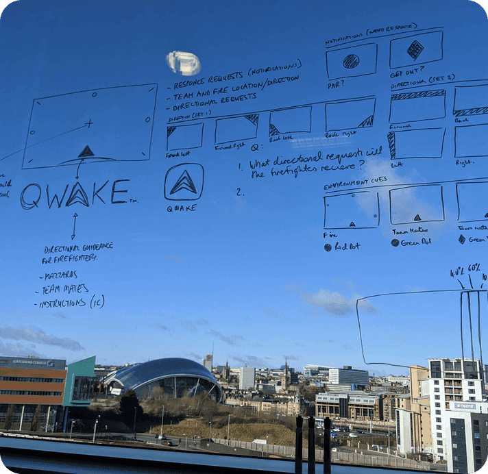Early sketches of the Qwake visual language on a whiteboard, overlooking the Gateshead skyline
