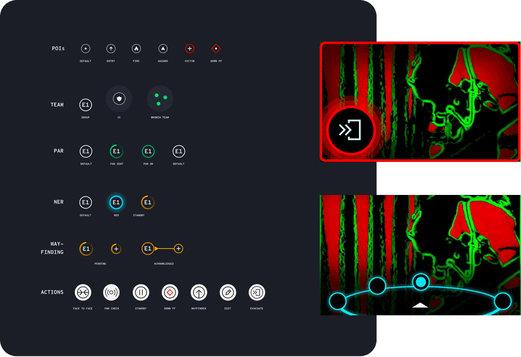 The finished icon library for POIs, team status and wayfinding, alongside the thermal HUD feed