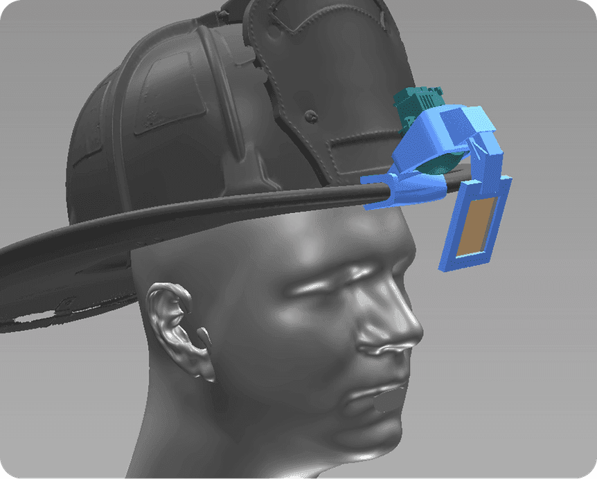 A 3D render of the Navigator sensor module mounted to the brim of a firefighter's helmet