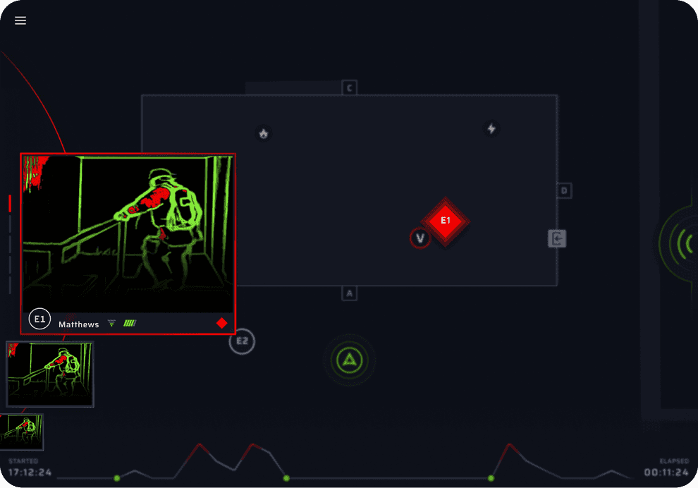 The Command Tablet's incident map with a firefighter's live thermal feed pinned in the corner