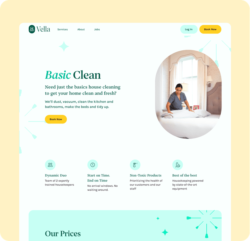 The Vella website's Basic Clean service page, with booking copy, pricing and a photo of a housekeeper making a bed