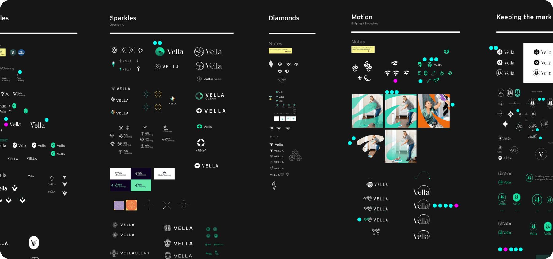 A dark moodboard spread exploring sparkle marks, diamond icons and motion notes for the new Vella logo
