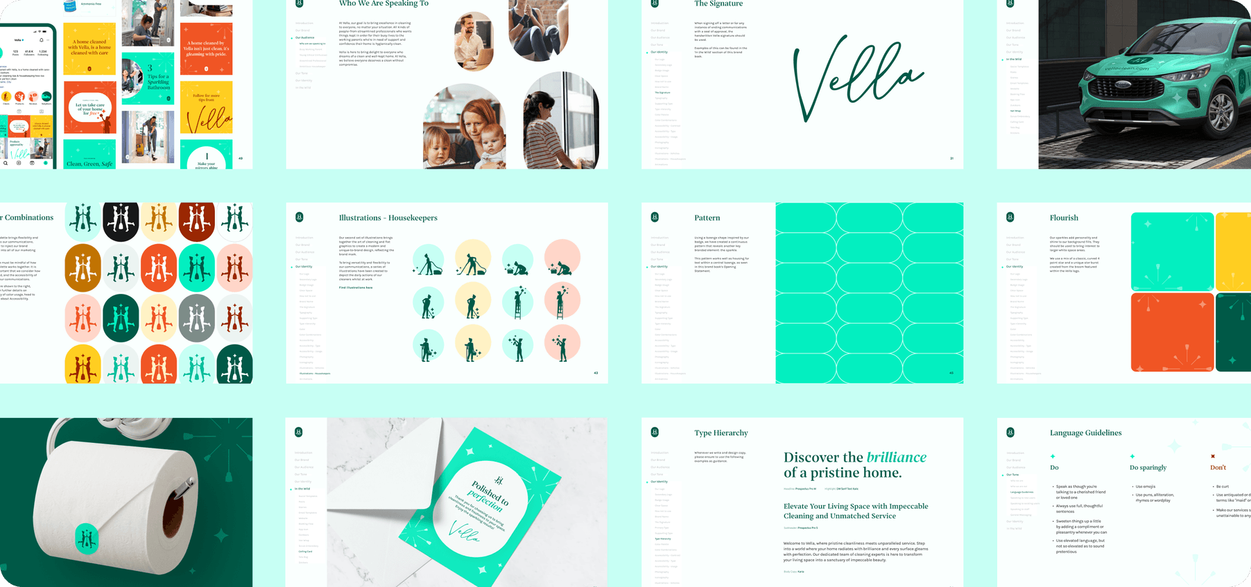 A collage of pages from the Vella brand book, covering illustrations, patterns, packaging, van livery and typography